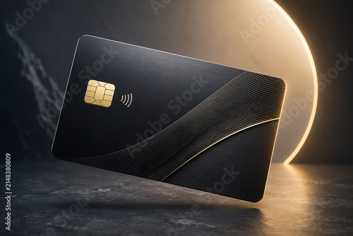 Premium black credit card with chip and contactless symbol on a dark background with soft golden light