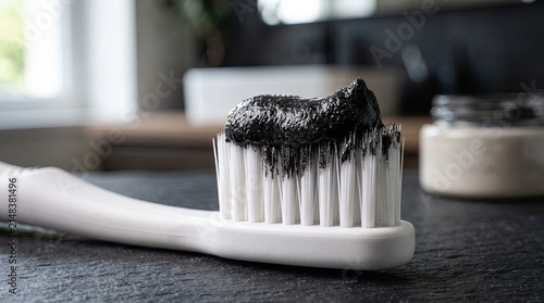 Closeup of toothbrush bristles topped with black toothpaste on bathroom counter