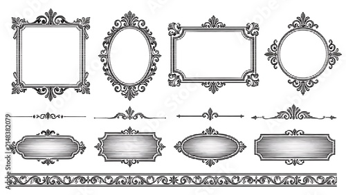 Stylized black vintage ornamental frame and decorative border collection are formed by horizontal lines of varying thickness, creating optical illusions of shading, depth, and texture.