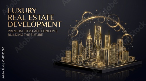 Skyscraper wireframe model glows with golden lines on a dark background.