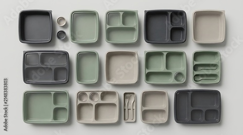 Set of empty plastic lunch boxes and containers top view. modular food trays