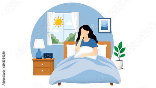 A young woman wakes up in her cozy bedroom at seven o’clock. The sleepy female character sits on bed, yawning and stretching as bright morning sun shines through the window illustration