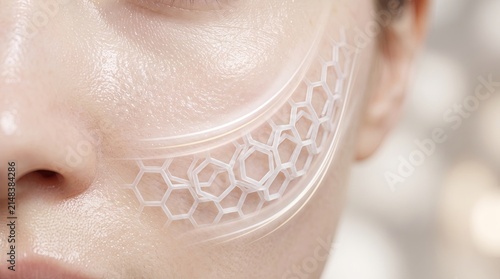 Closeup of cheek with transparent hexagonal skin patch beneath eye, with skin, cheek, orbital, eye