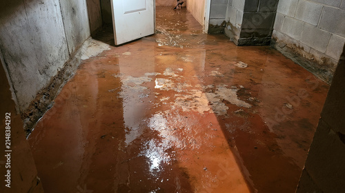 Wide-angle interior view of a flooded unfinished basement or industrial utility room