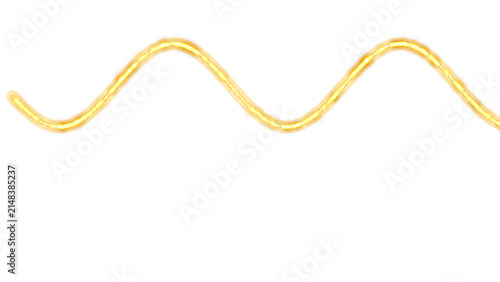A smooth flowing golden neon light curve with double sine wave peaks on dark surface