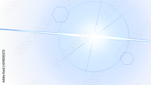 Abstract blue light explosion with hexagonal optical lens flares and bright central star energy beam