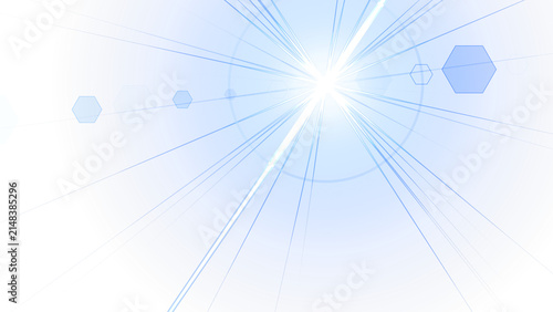 Abstract blue light explosion with hexagonal lens flares and glowing sunburst rays for graphic design concepts