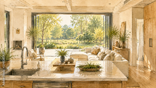 Luxury Kitchen and Living Area with Panoramic Garden View