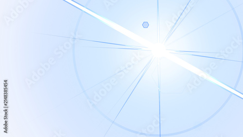 Abstract bright blue light lens flare with geometric hexagonal shapes floating in the deep space