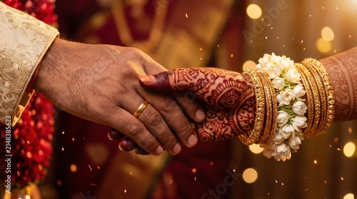 Wedding couple holds hands adorned with intricate henna and gold jewelry.