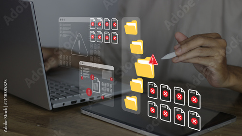 Принти на полотні Cybersecurity file breach concept showing user inspecting corrupt document icons