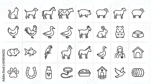 Collection of farm and domestic animal line icons