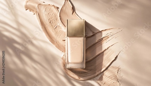 Glass bottle of liquid foundation makeup with smeared beige cosmetic cream texture
