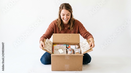 Delighted Discovery: A young woman with a warm smile unboxes a thoughtfully curated package, her excitement evident as she explores its contents. A moment of pure joy and anticipation captured.