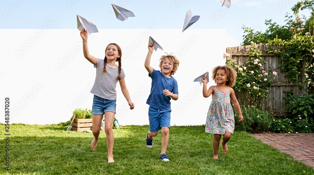 Obraz premium Childhood Dreams Take Flight: Three happy children joyfully launch paper airplanes into the sky on a sunny day in a grassy backyard, embodying the carefree spirit of youth.