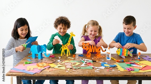 Creative Kids Crafting Session: Four young children enthusiastically engage in a hands-on art project, surrounded by colorful paper, craft supplies, and various animal creations.