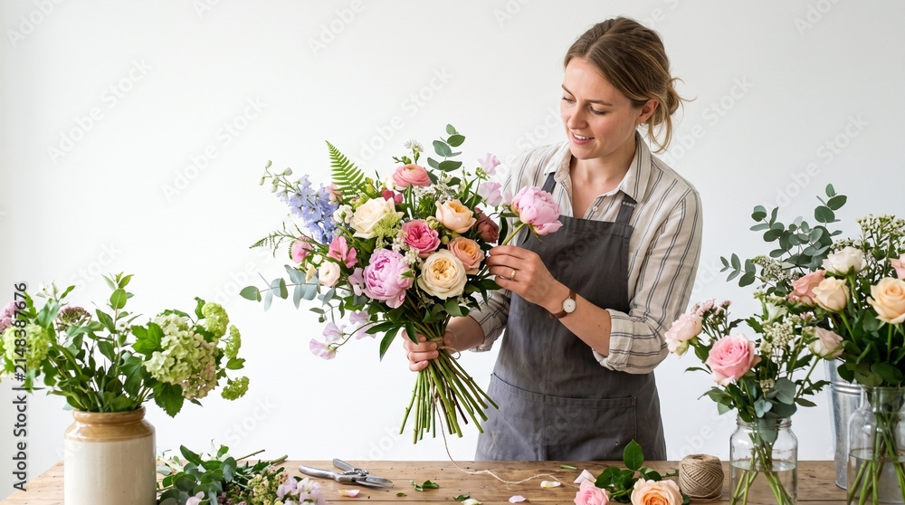 Fototapeta premium Floral Artistry: A skilled florist meticulously arranges a vibrant bouquet, surrounded by an array of fresh blooms and greenery, showcasing her passion for floral design.