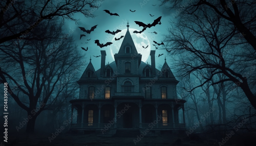 Naklejka premium Eerie abandoned victorian mansion standing beneath a glowing full moon with flying bats at night with surrounded bare trees swirling bats misty night landscape