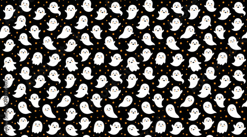 Seamless pattern of cute happy little ghosts and orange stars on black background