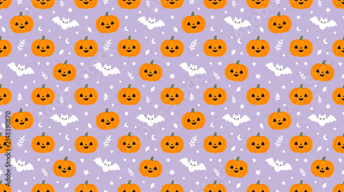 Seamless pattern of cute smiling pumpkins and little white bats on pastel purple background