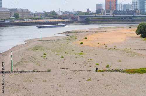 Low stream gauge of rhine river in Düsseldorf,Germany.Climate change,global warming concept,plants are conquering the former riverbed and ships can only operate with half of their cargo