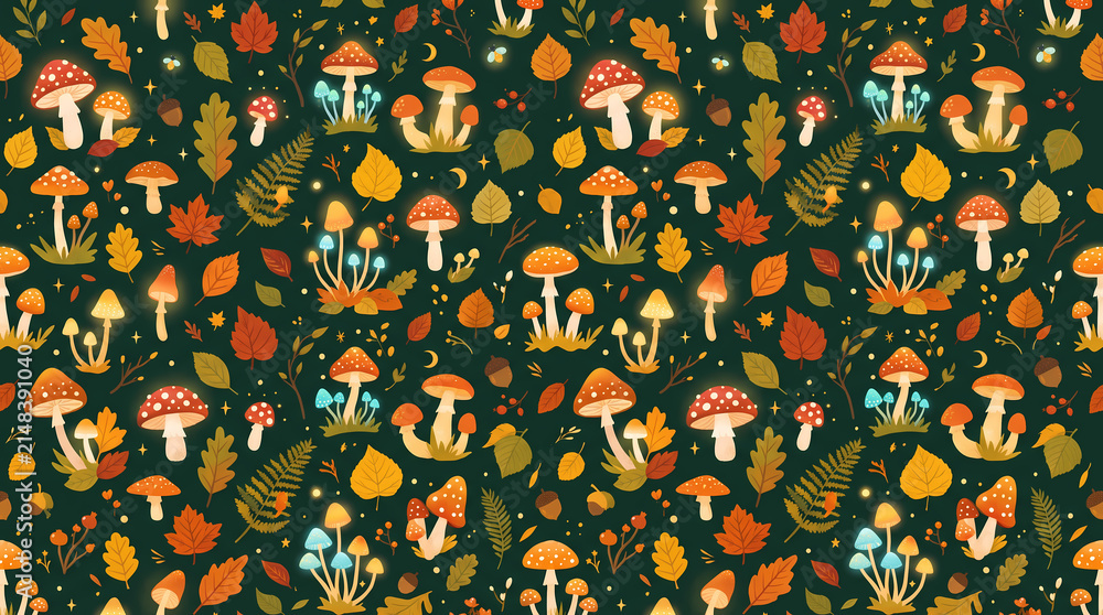 Seamless pattern of glowing magical mushrooms and autumn leaves in dark green forest