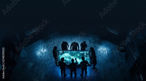 Team of professionals stands around a glowing interactive map table in dark high tech room