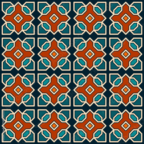 Seamless geometric tile pattern featuring Moroccan-inspired ornament motifs in teal, rust, cream and navy. Bold, symmetrical repeat design ideal for backgrounds, textiles, wallpaper, packaging.
