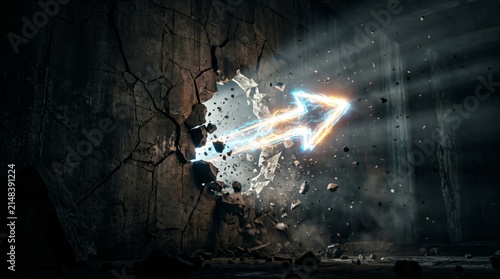 Glowing energy arrow bursts through solid stone wall creating intense dynamic motion and scattered debris