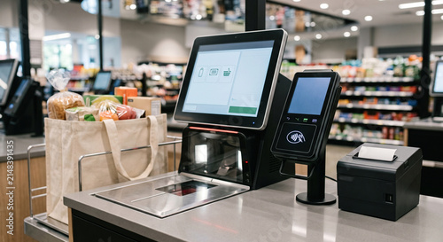 Self checkout station with touchscreen, contactless reader, receipt printer and paper shopping bags on the metal counter