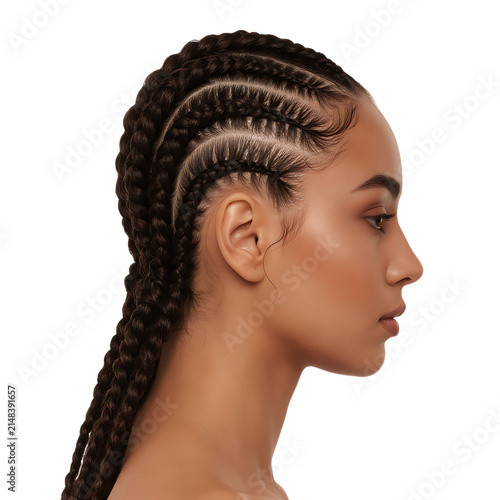 Cornrow braids hairstyle on black woman profile. Intricate braided hair design, professional salon styling, ethnic beauty portrait on white.