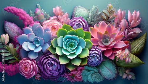 Floral Composition With Succulent And Flowers Pink Green Blue Lilac