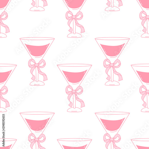 Seamless Pattern with Pink Coquette Cocktail. Girly Aesthetic Glass With Ribbon Bow Background. Bachelorette Party Ladies