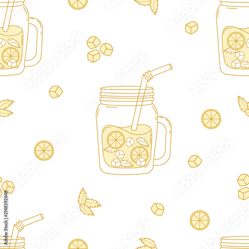 Seamless Pattern with Detox Citrus Water. Outline Mason Jar Lemonade Background with Ice Lemon and Mint Leaves. Fresh Glass Drink