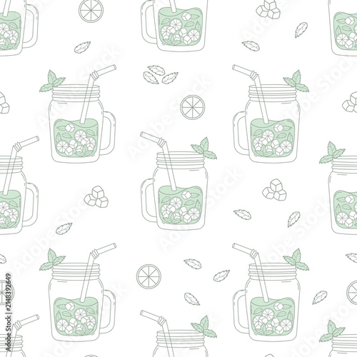 Seamless Pattern with Detox Water. Outline Mason Jar Lemonade Background. Glass Virgin Mojito