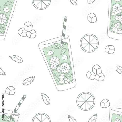 Seamless Pattern with Virgin Mojito. Outline Glass with Detox Water Lemonade Background with Mint Leaves, lime and Ice