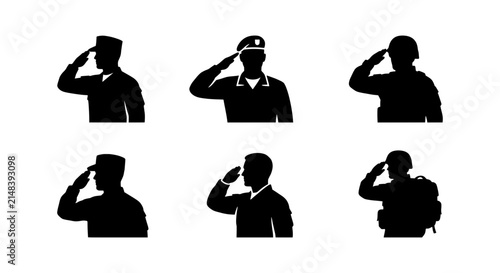Military Salute Silhouettes: Soldier Icons, Army Personnel, Respectful Gesture Vector Set