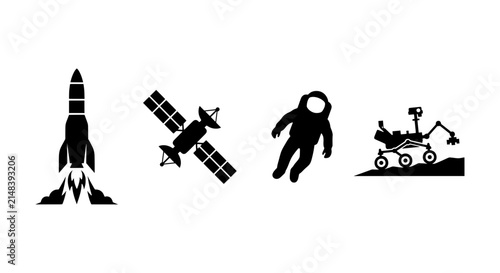 Space Exploration Icons: Rocket, Satellite, Astronaut, Rover. Vector Set for Science & Technology
