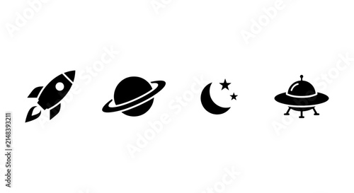 Space Icons Set: Rocket, Planet, Moon, Stars, UFO, Vector Graphics for Cosmic Themes
