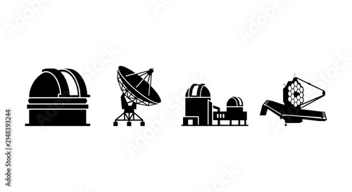 Astronomy Observatories, Telescopes, and Spacecraft Icons. Science and Research Vector Set.