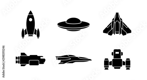Futuristic Spaceships, Sci-Fi Rockets, UFO Flying Saucer, Vector Icons Set