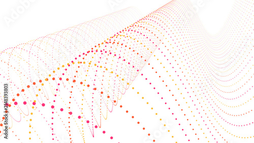Vibrant orange and red glowing wave patterns composed of small circular particles on black background