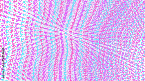 Vibrant pink and bright cyan circular particle art forming a complex dynamic energy flow field