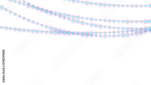 Vibrant purple and cyan festive fairy lights string hanging on a dark space for event decoration
