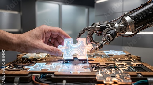 Human hand connects glowing puzzle piece with robotic arm for advanced technology synergy and innovation project