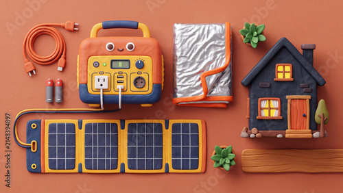 Adorable 3D rendering of a portable power station with solar panels and a small house.