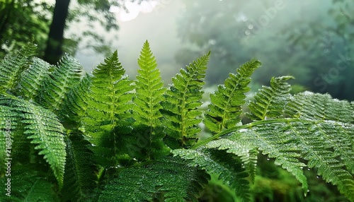 Green Fern Leaves Covered With Water Droplets After Rain In A Forest During The Morning
