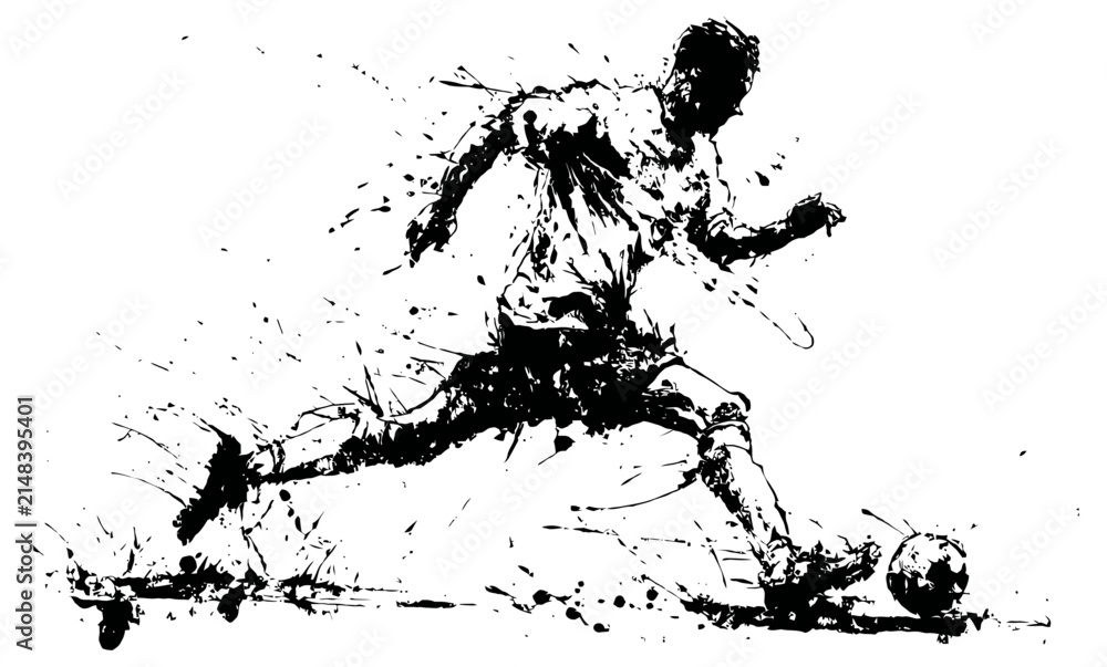 Obraz premium Dynamic male soccer player kicking the ball, abstract black ink splatter illustration of athlete in motion