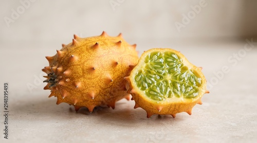 Fresh whole and halved kiwano fruit on light background close up view.