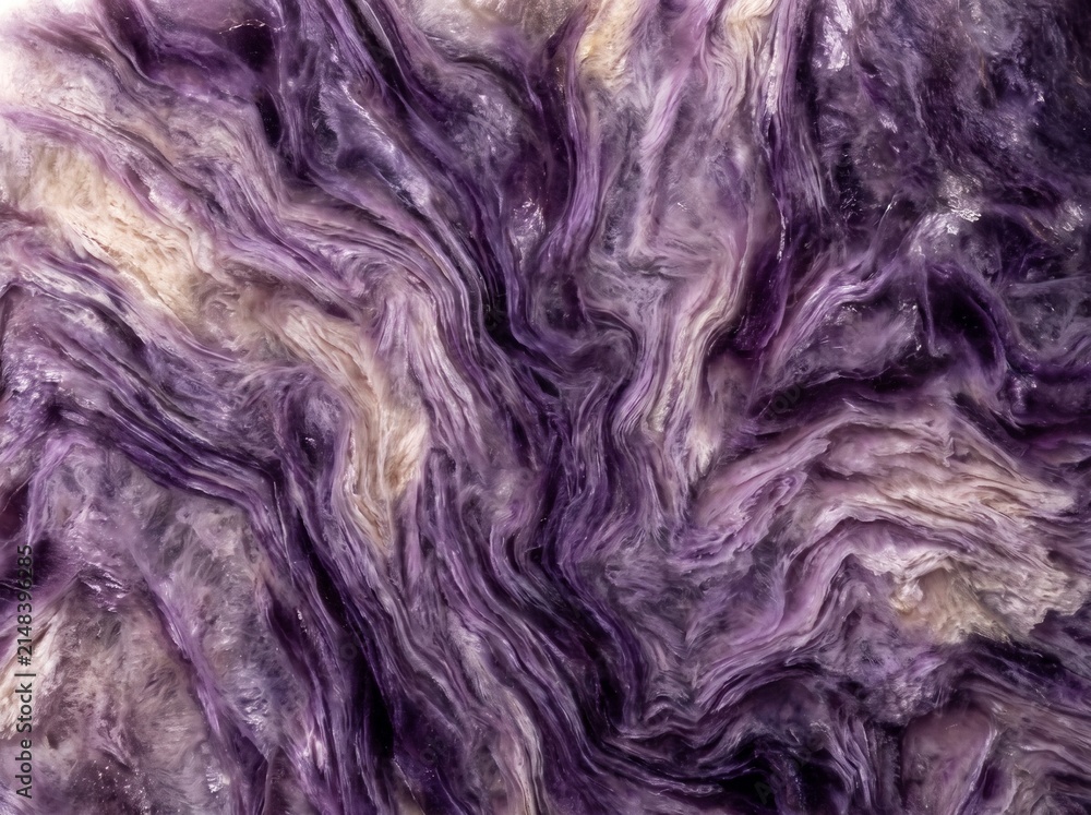 Fototapeta premium Charoite fills the frame with vivid purple and lavender swirling fibrous patterns — the most uniquely patterned purple stone as fine art. Ideal for luxury, mystical, and unique design backgrounds.